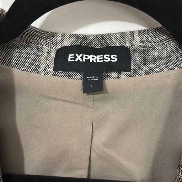 Express Women's Gray Blazer Windowpane‎ Plaid Collared Linen Blend - Picture 2 of 8